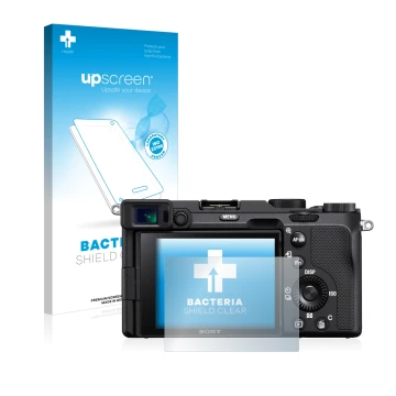 Parte frontale di una confezione del prodotto con il logo del marchio upscreen. Accanto è raffigurato il dispositivo Sony A7C 