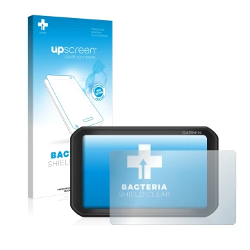 Parte frontale di una confezione del prodotto con il logo del marchio upscreen. Accanto è raffigurato il dispositivo Garmin Ca