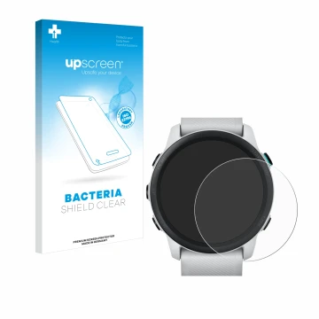 Parte frontale di una confezione del prodotto con il logo del marchio upscreen. Accanto è raffigurato il dispositivo Garmin Fo