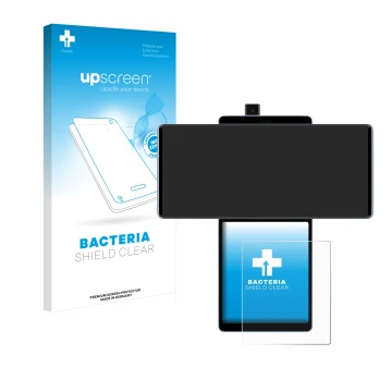 Parte frontale di una confezione del prodotto con il logo del marchio upscreen. Accanto è raffigurato il dispositivo LG Wing (