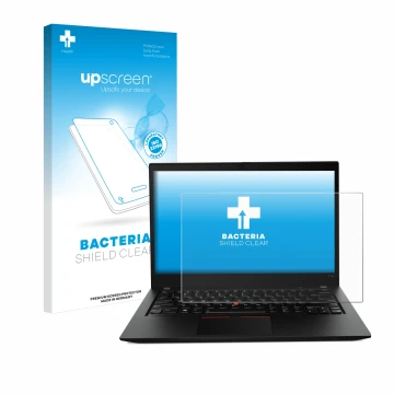 Parte frontale di una confezione del prodotto con il logo del marchio upscreen. Accanto è raffigurato il dispositivo Lenovo Th