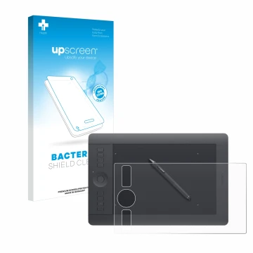 Parte frontale di una confezione del prodotto con il logo del marchio upscreen. Accanto è raffigurato il dispositivo Wacom Int