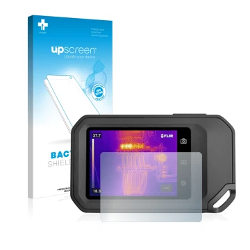 Parte frontale di una confezione del prodotto con il logo del marchio upscreen. Accanto è raffigurato il dispositivo Flir C5 c