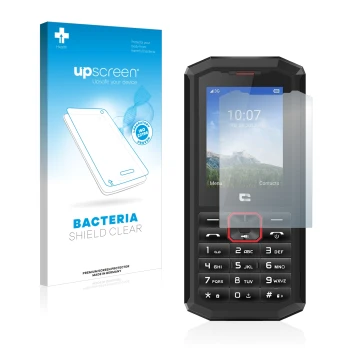 Parte frontale di una confezione del prodotto con il logo del marchio upscreen. Accanto è raffigurato il dispositivo Crosscall