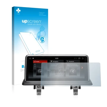 Parte frontale di una confezione del prodotto con il logo del marchio upscreen. Accanto è raffigurato il dispositivo BMW 1 E88