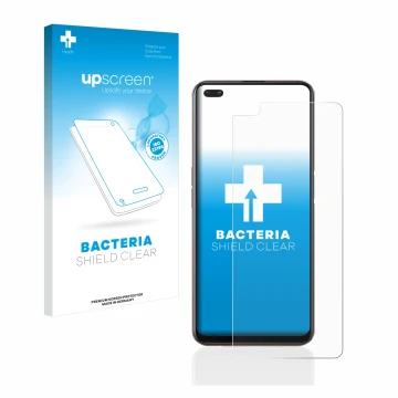 Parte frontale di una confezione del prodotto con il logo del marchio upscreen. Accanto è raffigurato il dispositivo Oppo Reno