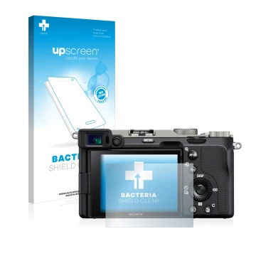 Parte frontale di una confezione del prodotto con il logo del marchio upscreen. Accanto è raffigurato il dispositivo Sony Alph