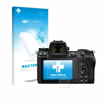 Parte frontale di una confezione del prodotto con il logo del marchio upscreen. Accanto è raffigurato il dispositivo Nikon Z 6