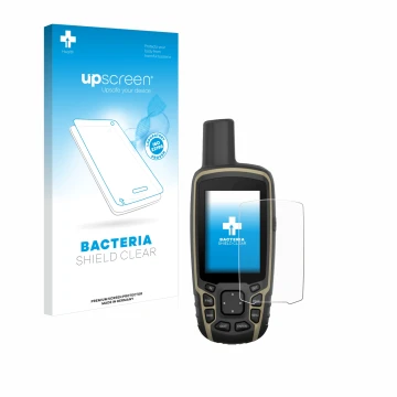 Parte frontale di una confezione del prodotto con il logo del marchio upscreen. Accanto è raffigurato il dispositivo Garmin GP