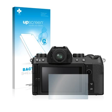 Parte frontale di una confezione del prodotto con il logo del marchio upscreen. Accanto è raffigurato il dispositivo Fujifilm 