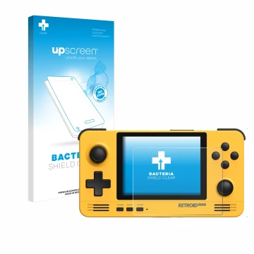 Parte frontale di una confezione del prodotto con il logo del marchio upscreen. Accanto è raffigurato il dispositivo Retroid P