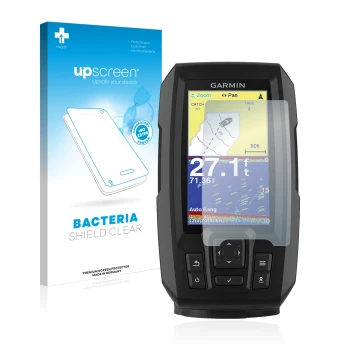 Parte frontale di una confezione del prodotto con il logo del marchio upscreen. Accanto è raffigurato il dispositivo Garmin St