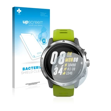 Parte frontale di una confezione del prodotto con il logo del marchio upscreen. Accanto è raffigurato il dispositivo Coros Ape