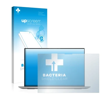 Parte frontale di una confezione del prodotto con il logo del marchio upscreen. Accanto è raffigurato il dispositivo Dell XPS 