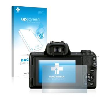 Parte frontale di una confezione del prodotto con il logo del marchio upscreen. Accanto è raffigurato il dispositivo Canon EOS