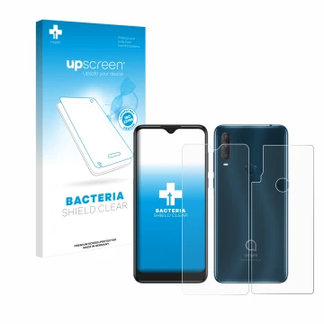 Parte frontale di una confezione del prodotto con il logo del marchio upscreen. Accanto è raffigurato il dispositivo Alcatel 1