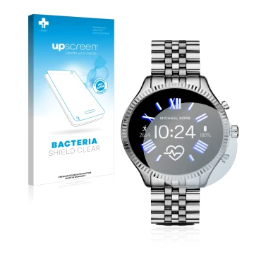 Parte frontale di una confezione del prodotto con il logo del marchio upscreen. Accanto è raffigurato il dispositivo Michael K