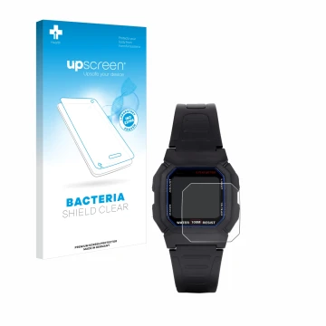 Parte frontale di una confezione del prodotto con il logo del marchio upscreen. Accanto è raffigurato il dispositivo Casio W-8