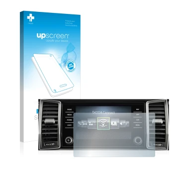 Parte frontale di una confezione del prodotto con il logo del marchio upscreen. Accanto è raffigurato il dispositivo Skoda Col