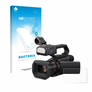 Parte frontale di una confezione del prodotto con il logo del marchio upscreen. Accanto è raffigurato il dispositivo Panasonic