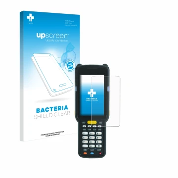 Parte frontale di una confezione del prodotto con il logo del marchio upscreen. Accanto è raffigurato il dispositivo Zebra MC3