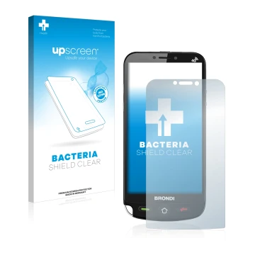 Parte frontale di una confezione del prodotto con il logo del marchio upscreen. Accanto è raffigurato il dispositivo Brondi Am