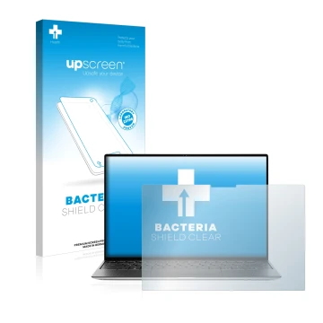 Parte frontale di una confezione del prodotto con il logo del marchio upscreen. Accanto è raffigurato il dispositivo Dell XPS 