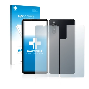 Parte frontale di una confezione del prodotto con il logo del marchio upscreen. Accanto è raffigurato il dispositivo Sony Xper