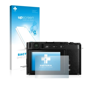 Parte frontale di una confezione del prodotto con il logo del marchio upscreen. Accanto è raffigurato il dispositivo Fujifilm 