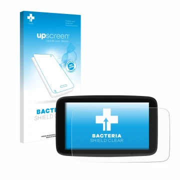 Parte frontale di una confezione del prodotto con il logo del marchio upscreen. Accanto è raffigurato il dispositivo TomTom GO