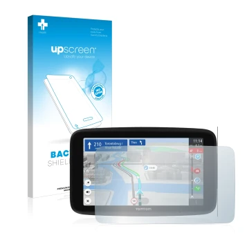 Parte frontale di una confezione del prodotto con il logo del marchio upscreen. Accanto è raffigurato il dispositivo TomTom GO