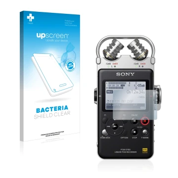 Parte frontale di una confezione del prodotto con il logo del marchio upscreen. Accanto è raffigurato il dispositivo Sony PCM 