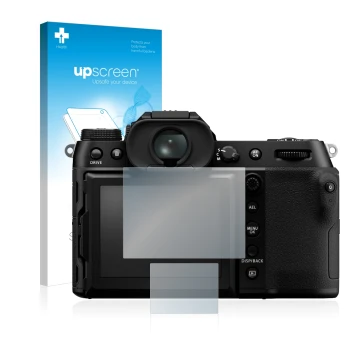 Parte frontale di una confezione del prodotto con il logo del marchio upscreen. Accanto è raffigurato il dispositivo Fujifilm 