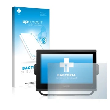 Parte frontale di una confezione del prodotto con il logo del marchio upscreen. Accanto è raffigurato il dispositivo Garmin GP