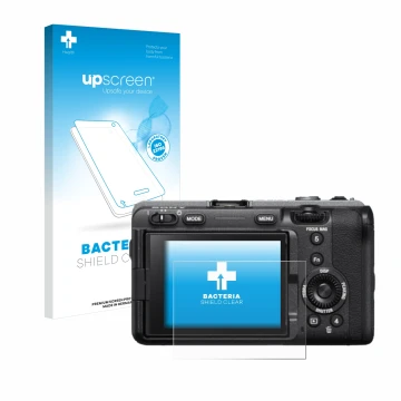 Parte frontale di una confezione del prodotto con il logo del marchio upscreen. Accanto è raffigurato il dispositivo Sony FX3 