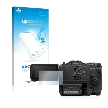 Parte frontale di una confezione del prodotto con il logo del marchio upscreen. Accanto è raffigurato il dispositivo Canon EOS