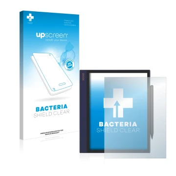 Parte frontale di una confezione del prodotto con il logo del marchio upscreen. Accanto è raffigurato il dispositivo Boox Note