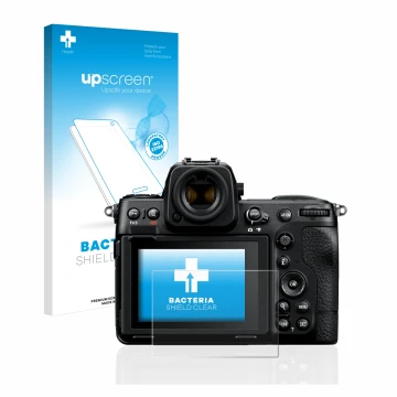 Parte frontale di una confezione del prodotto con il logo del marchio upscreen. Accanto è raffigurato il dispositivo Nikon Z 8
