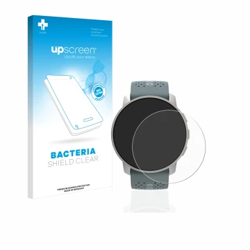 Parte frontale di una confezione del prodotto con il logo del marchio upscreen. Accanto è raffigurato il dispositivo Suunto 9 