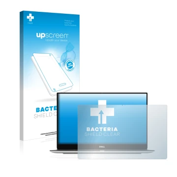 Parte frontale di una confezione del prodotto con il logo del marchio upscreen. Accanto è raffigurato il dispositivo Dell XPS 