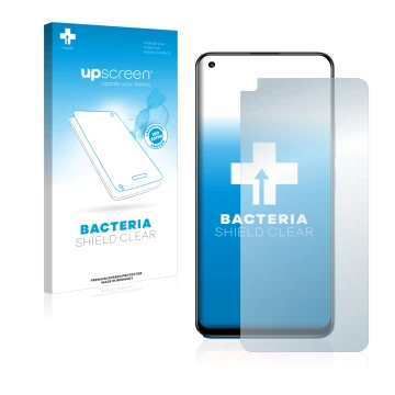 Parte frontale di una confezione del prodotto con il logo del marchio upscreen. Accanto è raffigurato il dispositivo realme 8 