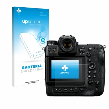 Parte frontale di una confezione del prodotto con il logo del marchio upscreen. Accanto è raffigurato il dispositivo Nikon Z 9