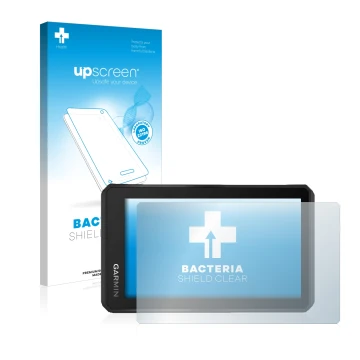 Parte frontale di una confezione del prodotto con il logo del marchio upscreen. Accanto è raffigurato il dispositivo Garmin Tr