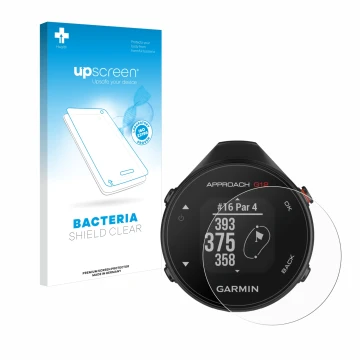 Parte frontale di una confezione del prodotto con il logo del marchio upscreen. Accanto è raffigurato il dispositivo Garmin Ap