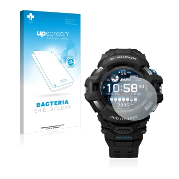 Parte frontale di una confezione del prodotto con il logo del marchio upscreen. Accanto è raffigurato il dispositivo Casio G-S