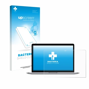 Parte frontale di una confezione del prodotto con il logo del marchio upscreen. Accanto è raffigurato il dispositivo Apple Mac