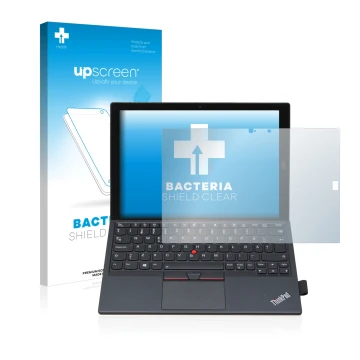 Parte frontale di una confezione del prodotto con il logo del marchio upscreen. Accanto è raffigurato il dispositivo Lenovo Th