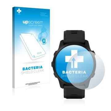 Parte frontale di una confezione del prodotto con il logo del marchio upscreen. Accanto è raffigurato il dispositivo Garmin Fo