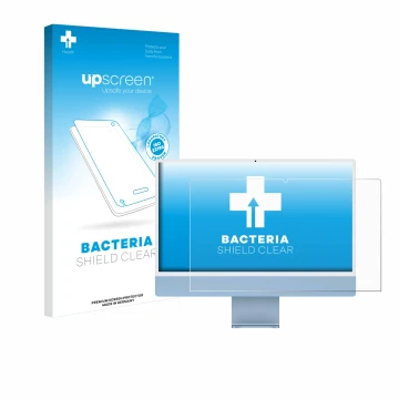 Parte frontale di una confezione del prodotto con il logo del marchio upscreen. Accanto è raffigurato il dispositivo Apple iMa