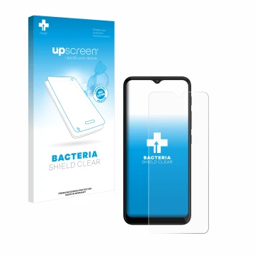 Parte frontale di una confezione del prodotto con il logo del marchio upscreen. Accanto è raffigurato il dispositivo Motorola 